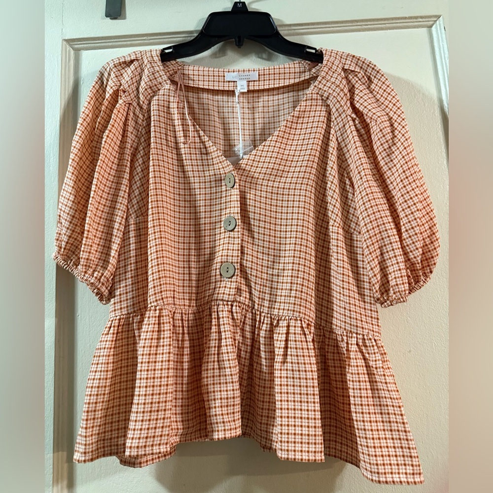 LC Lauren Conrad Peach Checkered Peplum Blouse